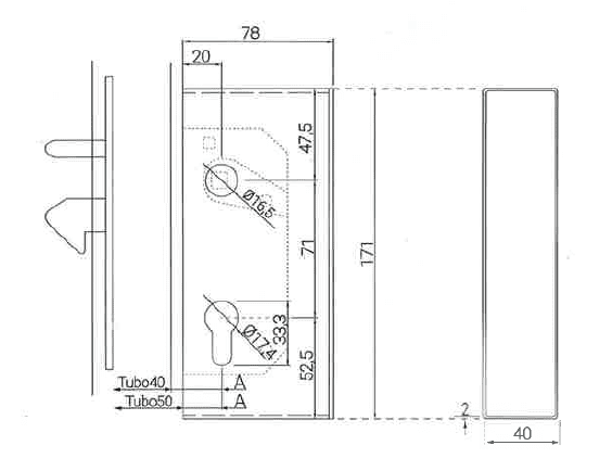 Esquema medidas caja cerradura pico de loro de 60 mm, para tubo de 40 o 50 mm